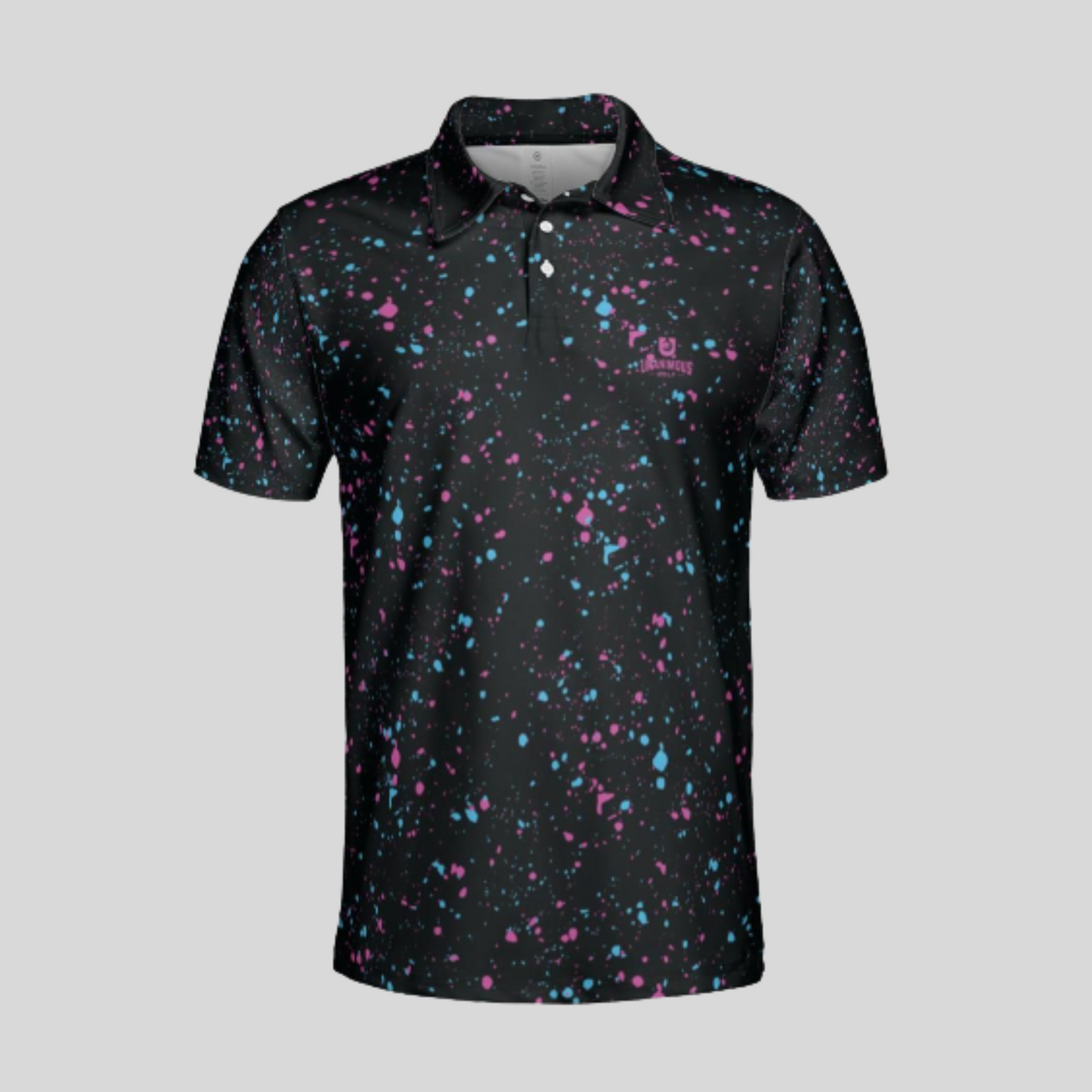 cyan-flamingo paint splatter golf polo shirt for men