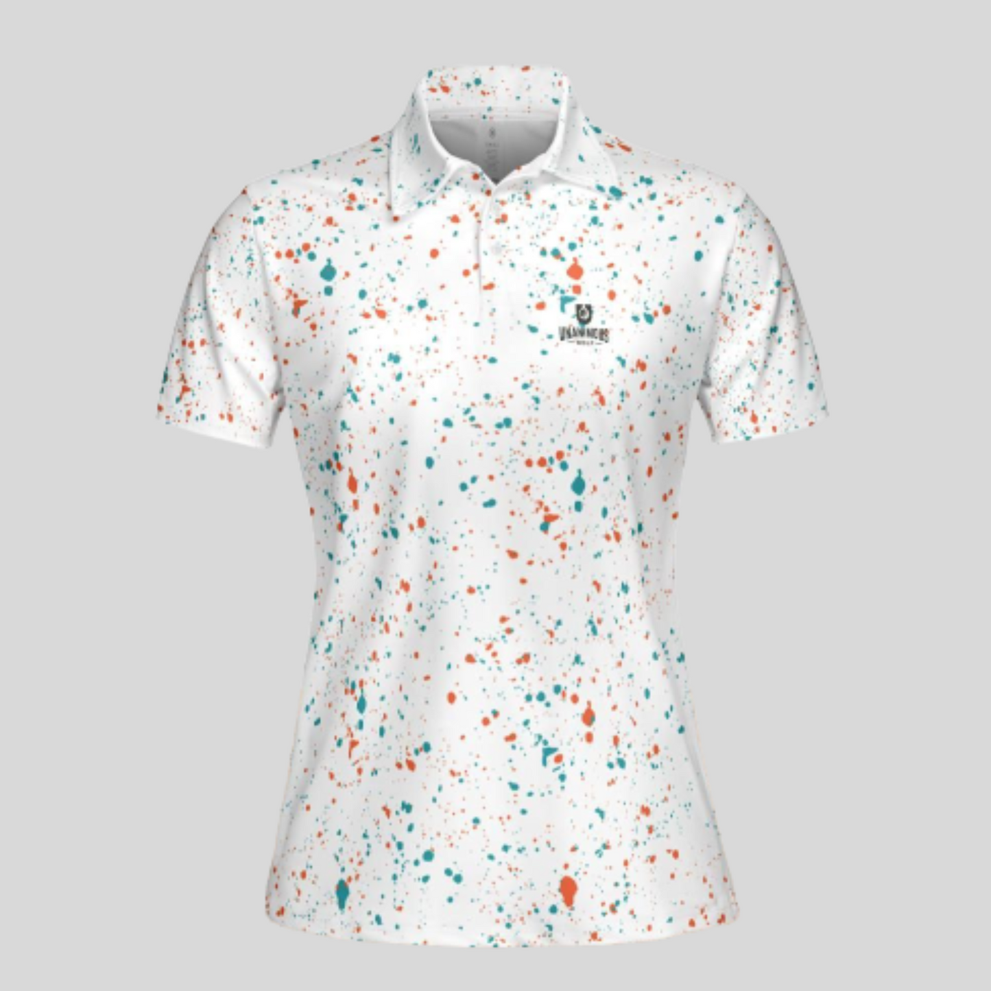 Aqua-orange paint splatter golf polo shirt for women