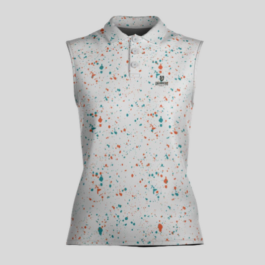 Aqua-orange paint splatter sleeveless female golf polo shirt