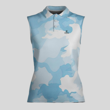 Blue Camo Sleeveless Golf Polo Shirt For Women