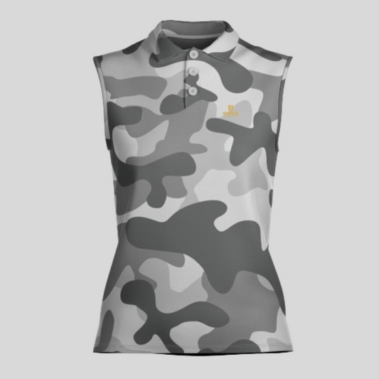 Grey Camo Sleeveless Golf Polo Shirt For Ladies