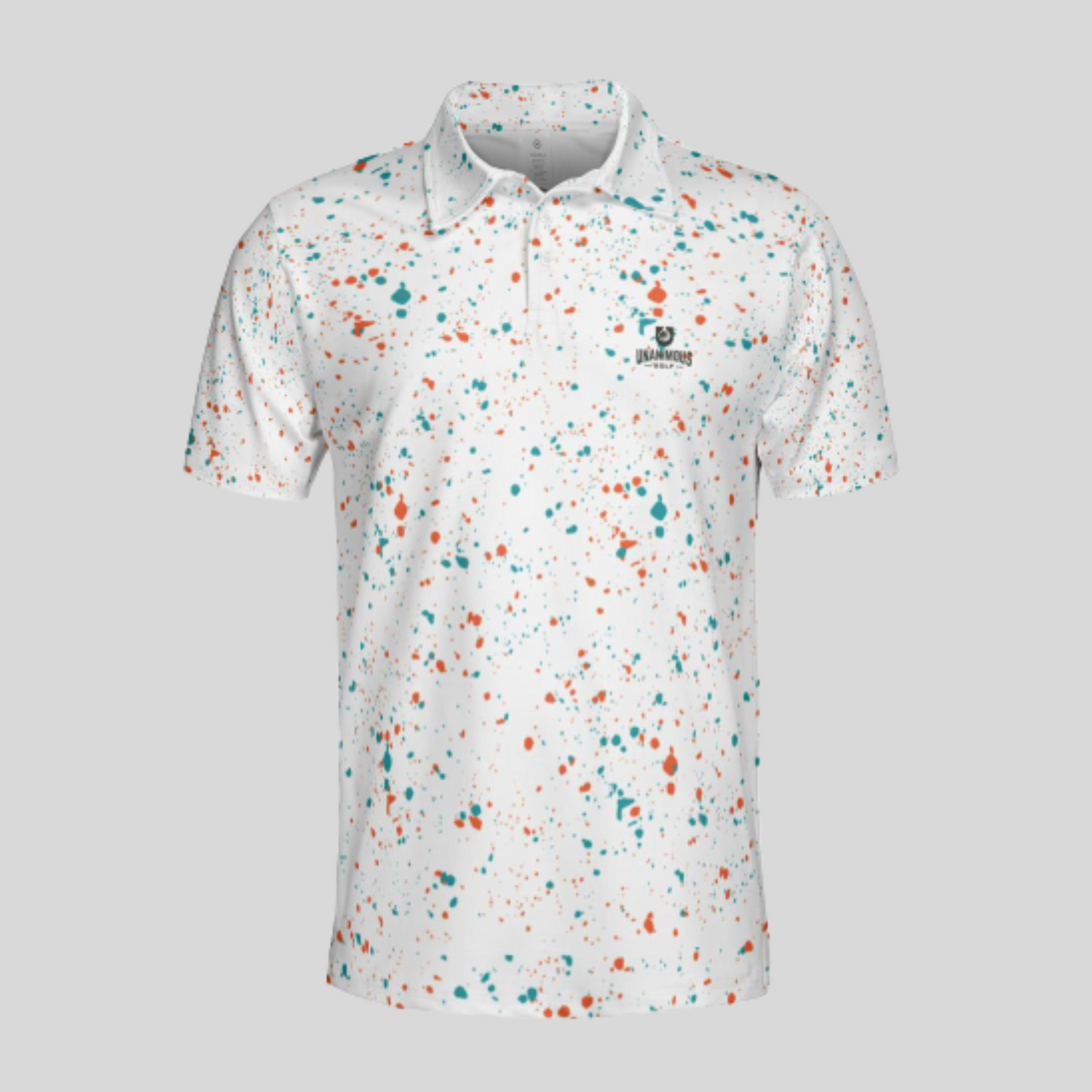 Aqua-orange paint splatter golf polo shirt for men