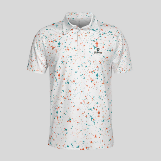 Aqua-orange paint splatter golf polo shirt for men