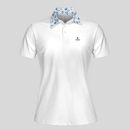 Blue Flower White Golf Polo For Women