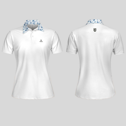 Blue Flower White Golf Polo For Women