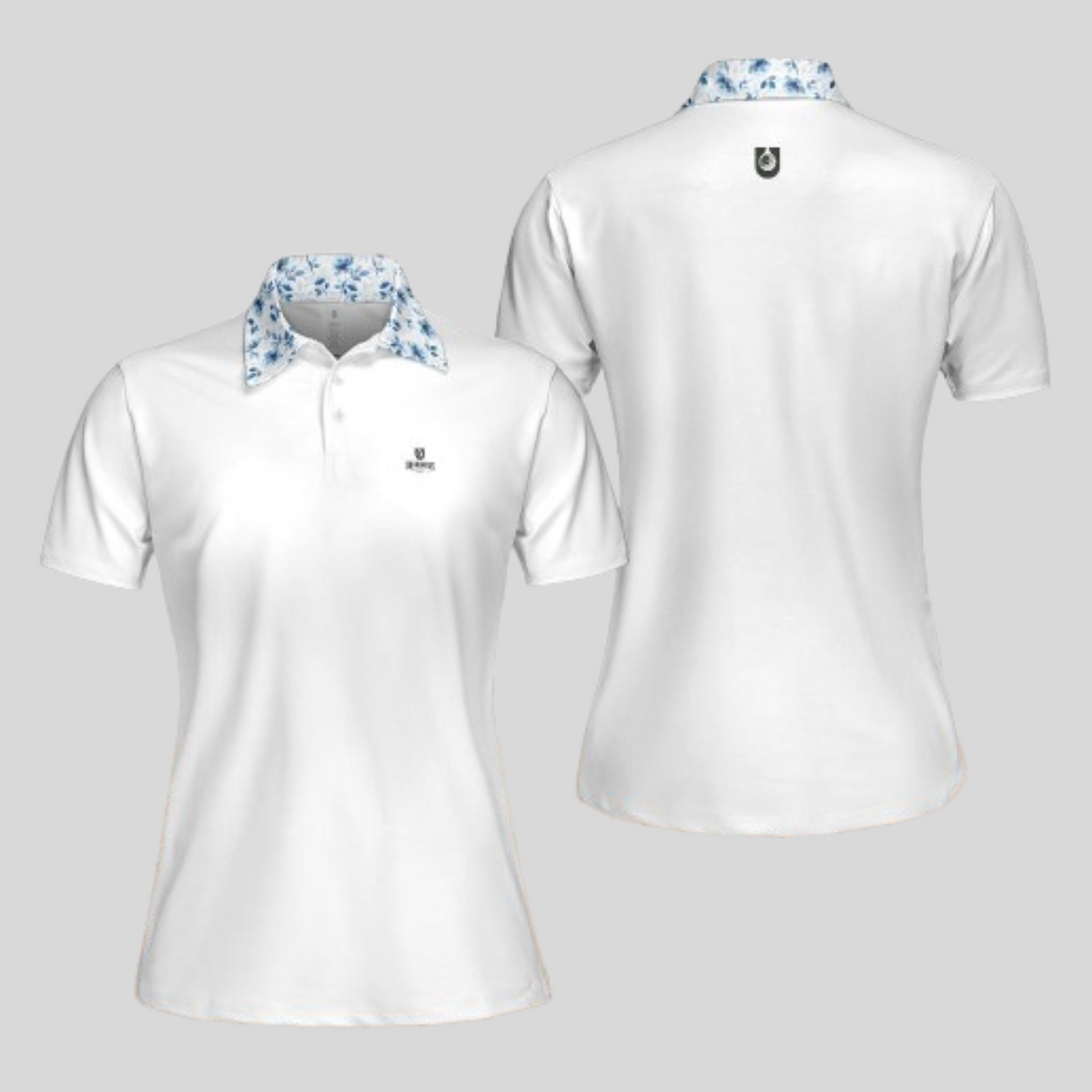 Blue Flower White Golf Polo For Women