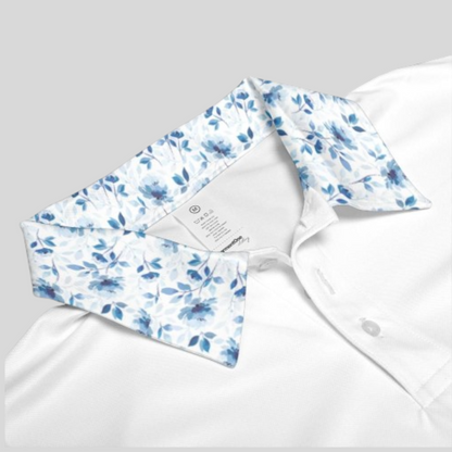 Blue Flower White Golf Polo For Women