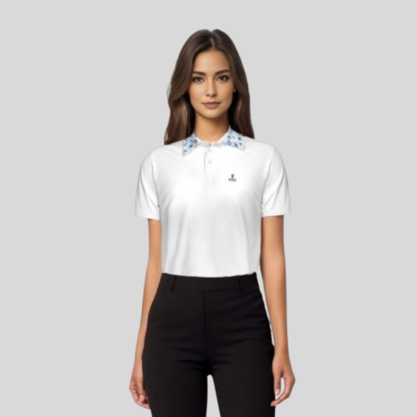 Blue Flower White Golf Polo For Women