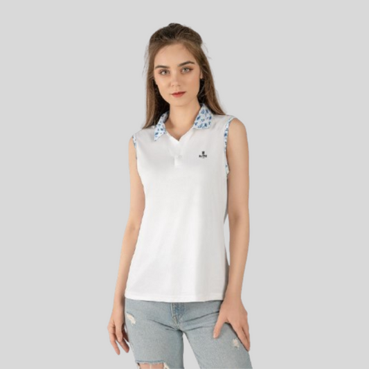 Blue Flower White Sleeveless Golf Polo Shirt For Women