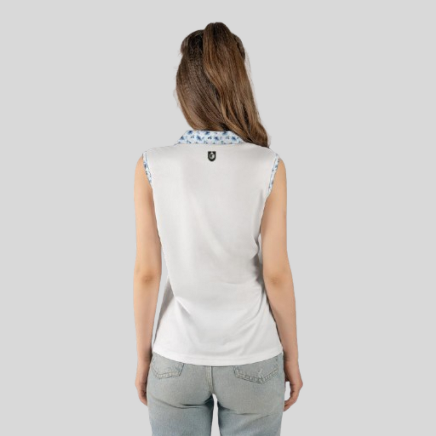 Blue Flower White Sleeveless Golf Polo Shirt For Women