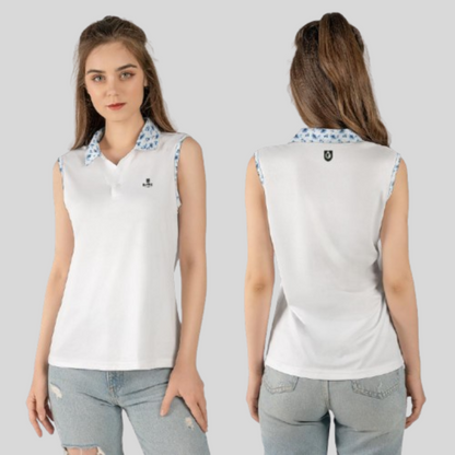 Blue Flower White Sleeveless Golf Polo Shirt For Women