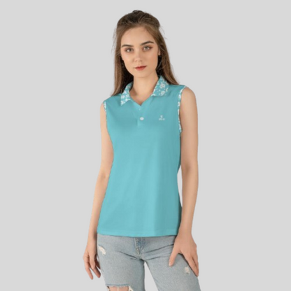 Hibiscus-Turquoise Sleeveless Golf Polo Shirt For Women