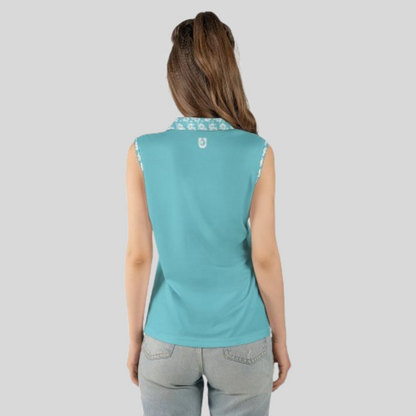 Hibiscus-Turquoise Sleeveless Golf Polo Shirt For Women