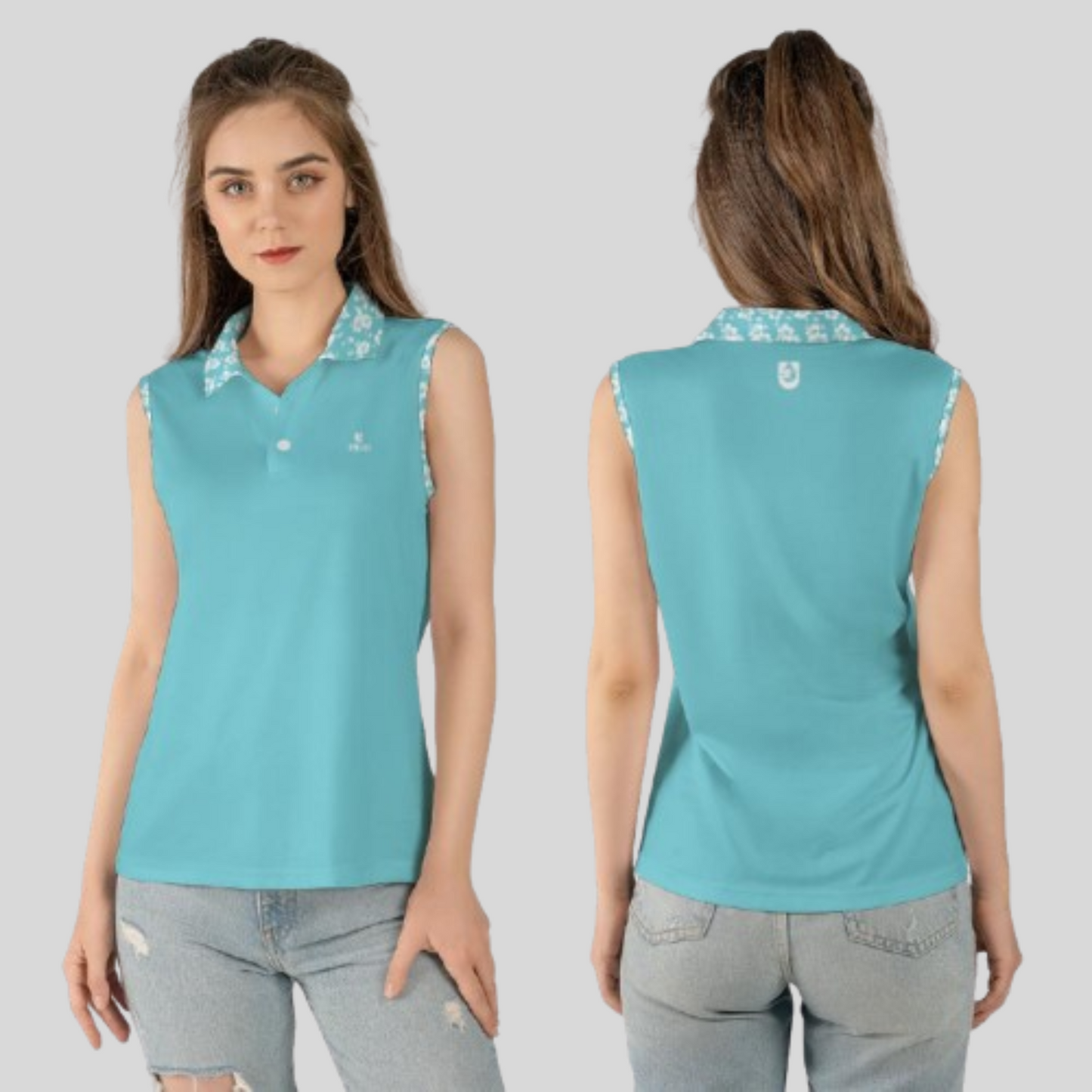 Hibiscus-Turquoise Sleeveless Golf Polo Shirt For Women