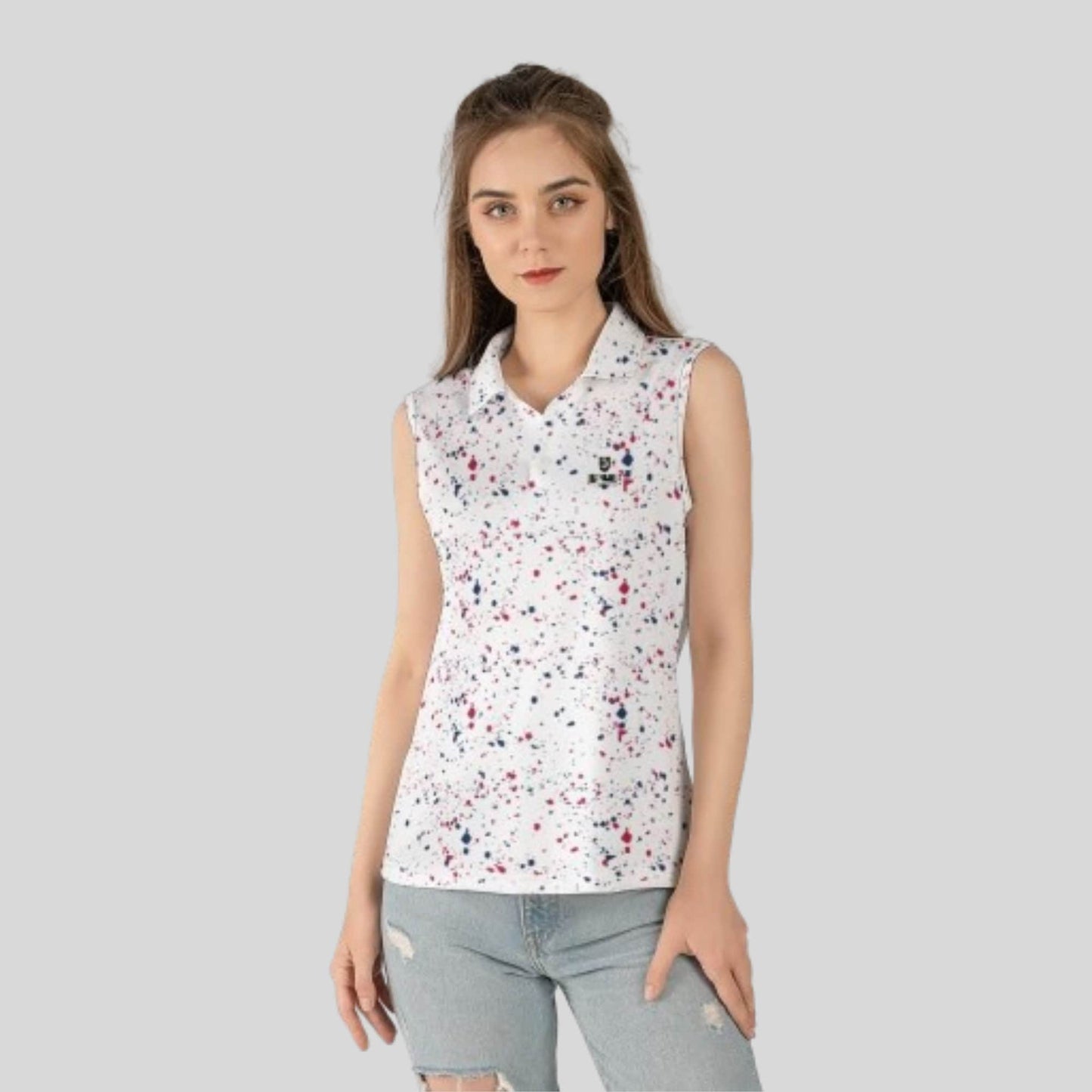 Old Glory Paint Splatter Sleeveless Golf Polo Shirt For Women