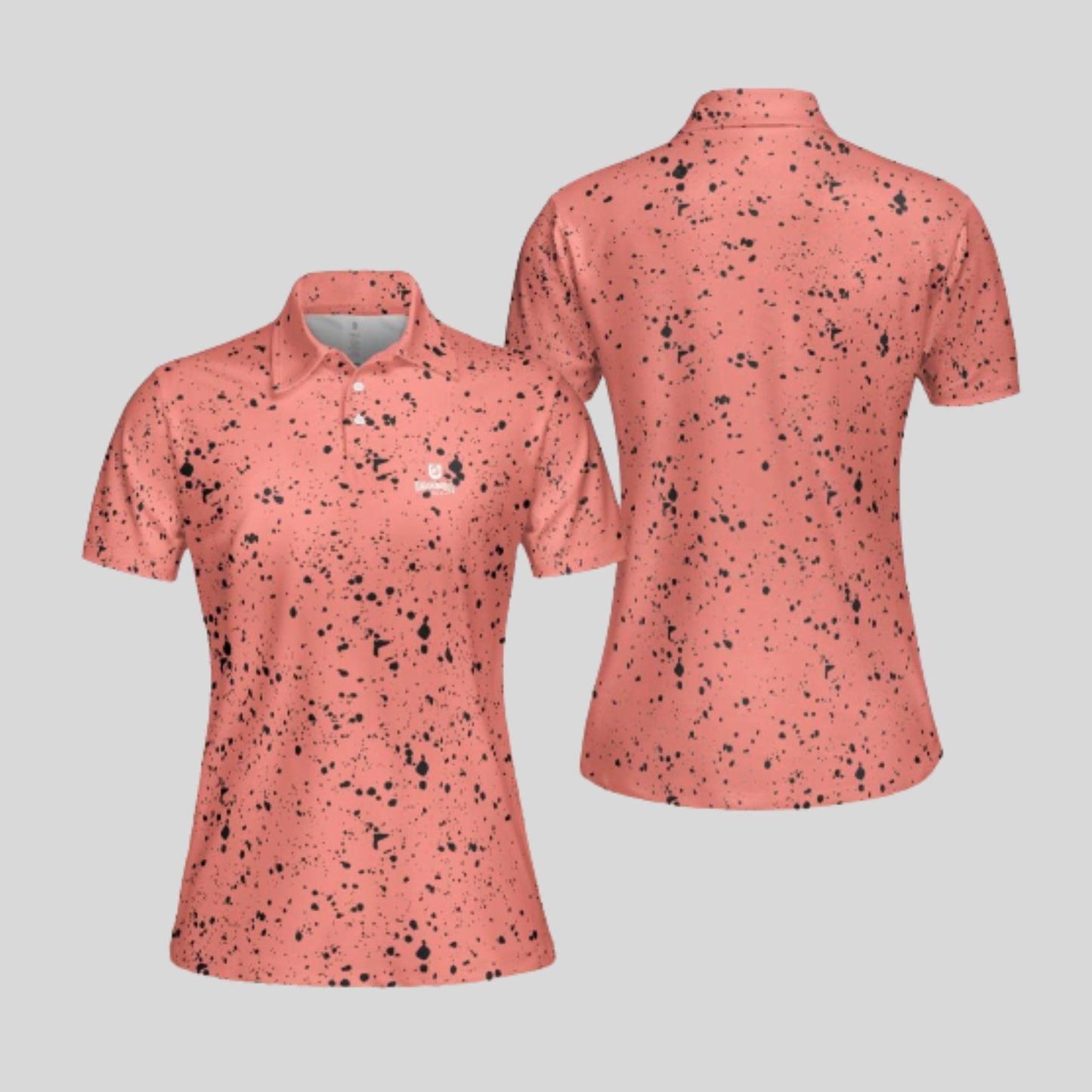 Salmon/Black Paint Splatter golf polo shirt for women