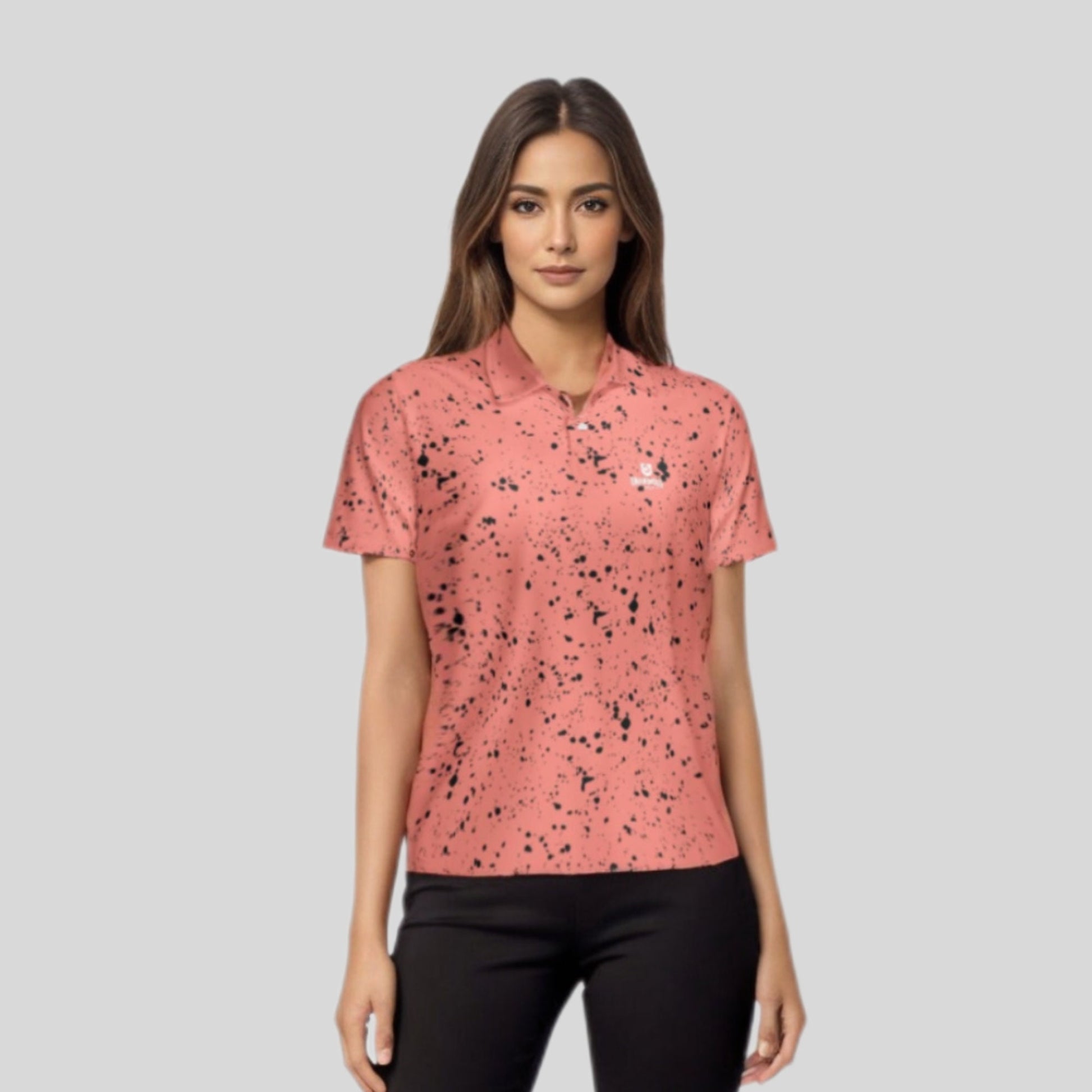 Salmon/Black Paint Splatter golf polo shirt for women