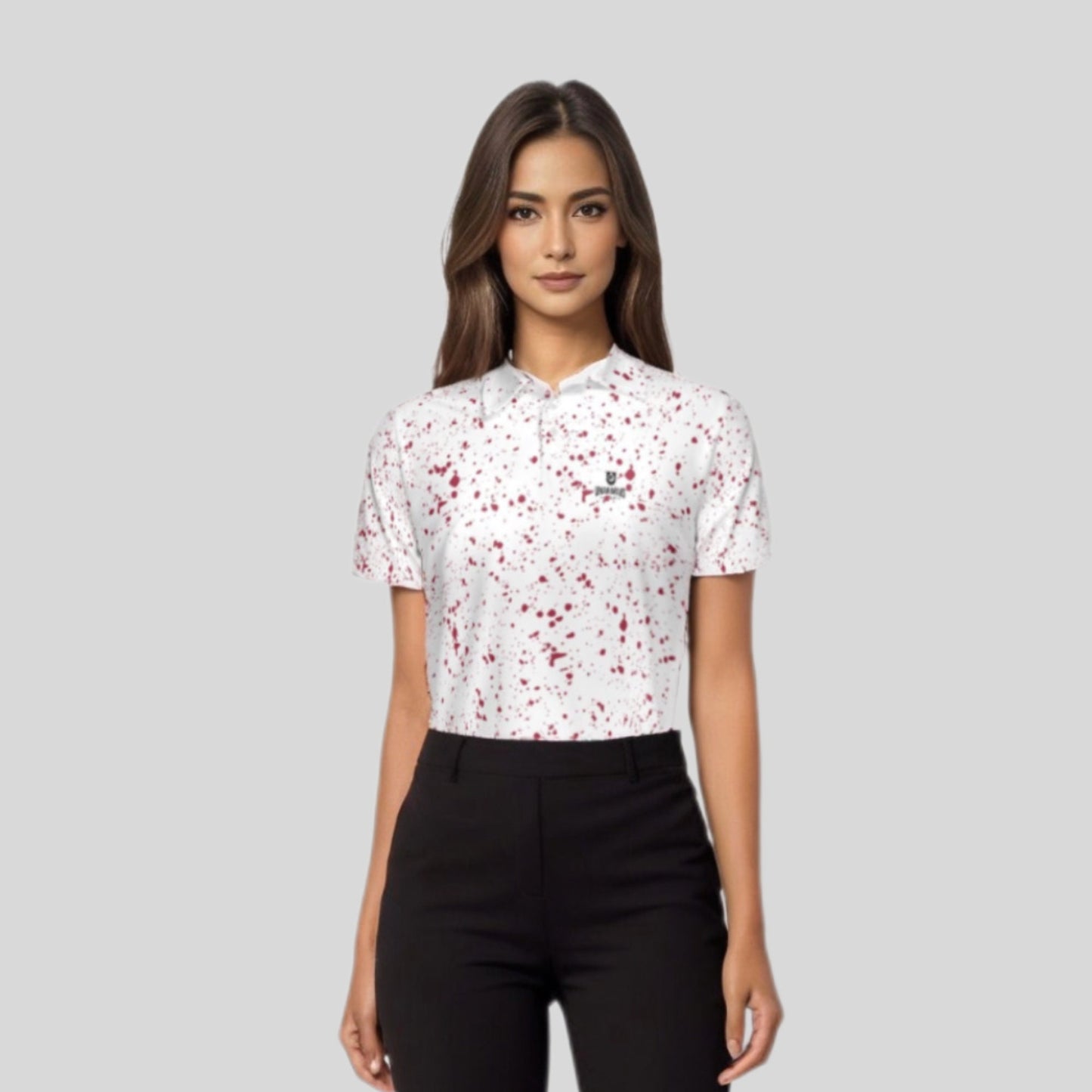 Crimson Paint Splatter golf polo shirt for women