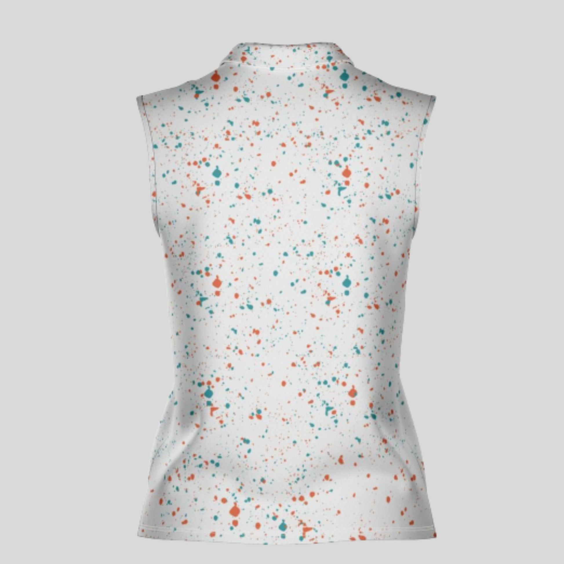 Aqua-orange paint splatter sleeveless female golf polo shirt