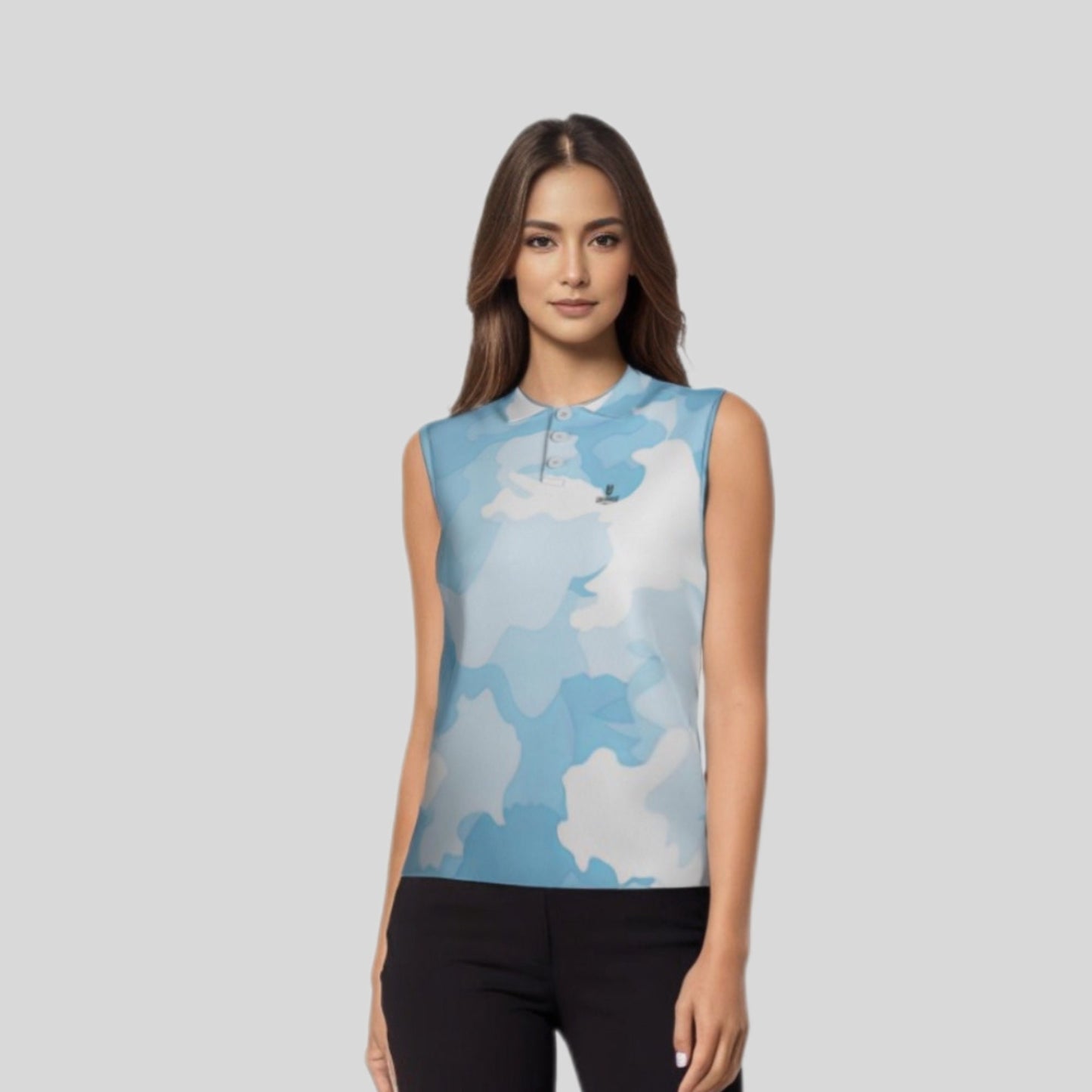 Blue Camo Sleeveless Golf Polo Shirt For Women