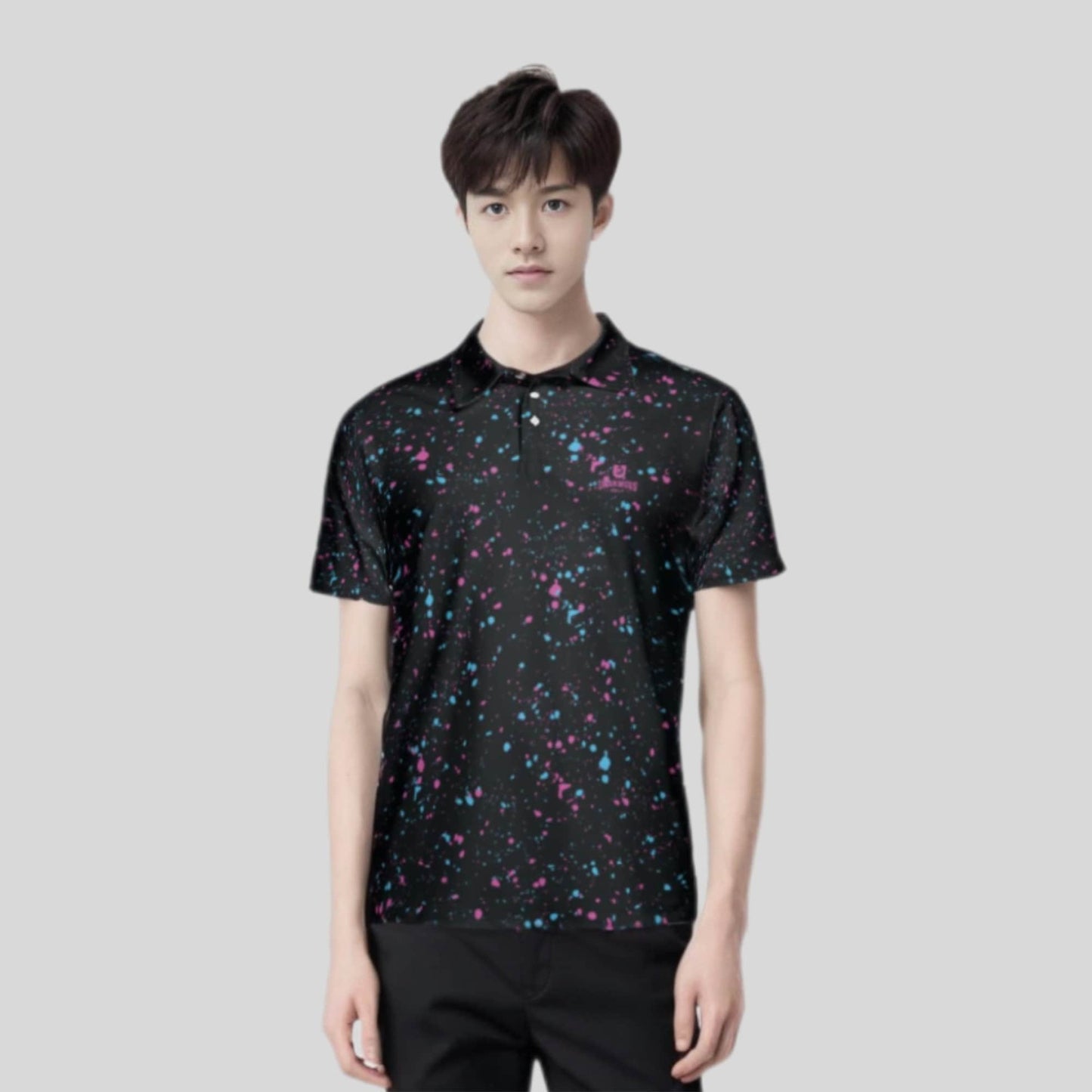 cyan-flamingo paint splatter golf polo shirt for men