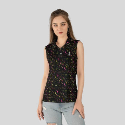 Neon Paint Splatter Sleeveless Golf Polo For Women