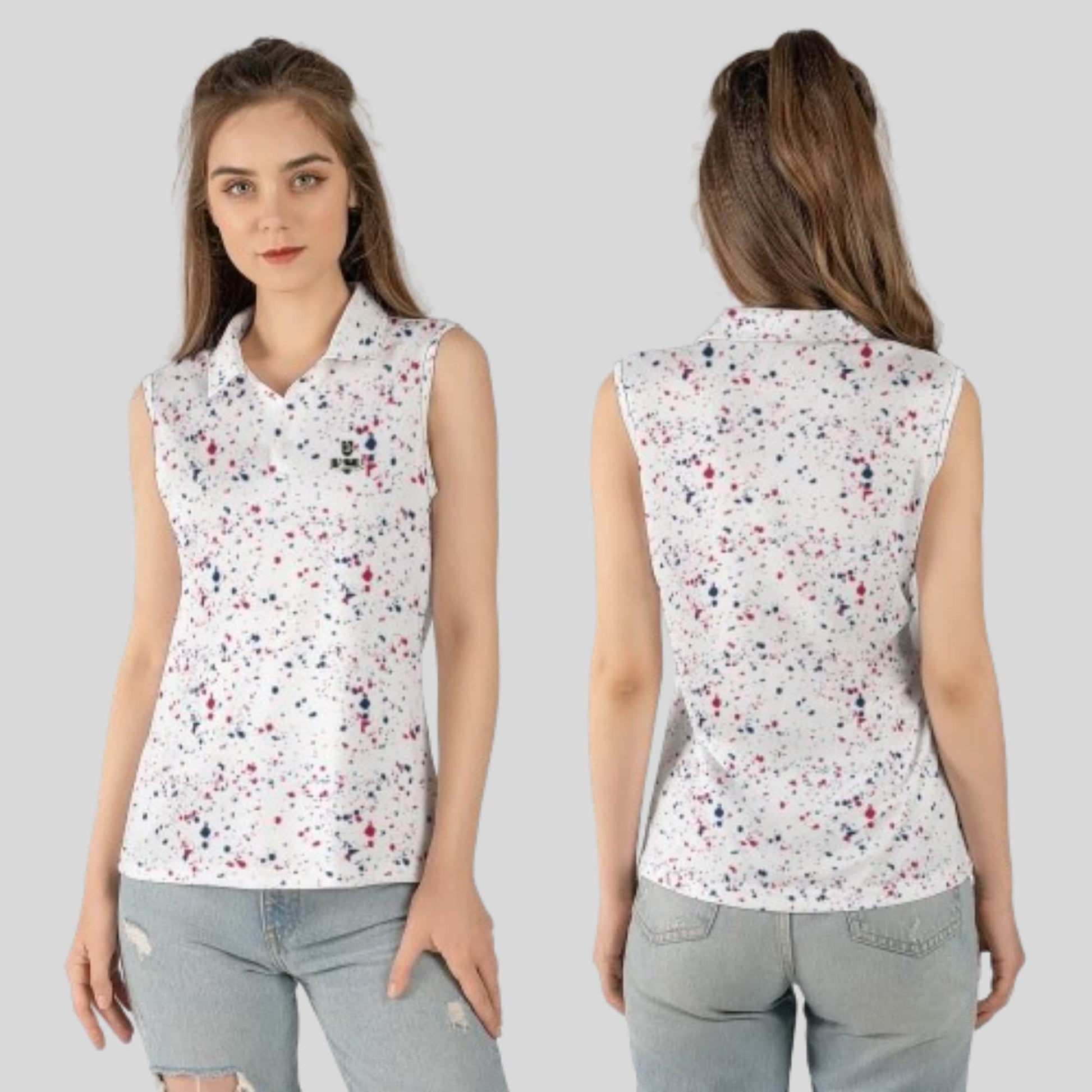 Old Glory Paint Splatter Sleeveless Golf Polo Shirt For Women