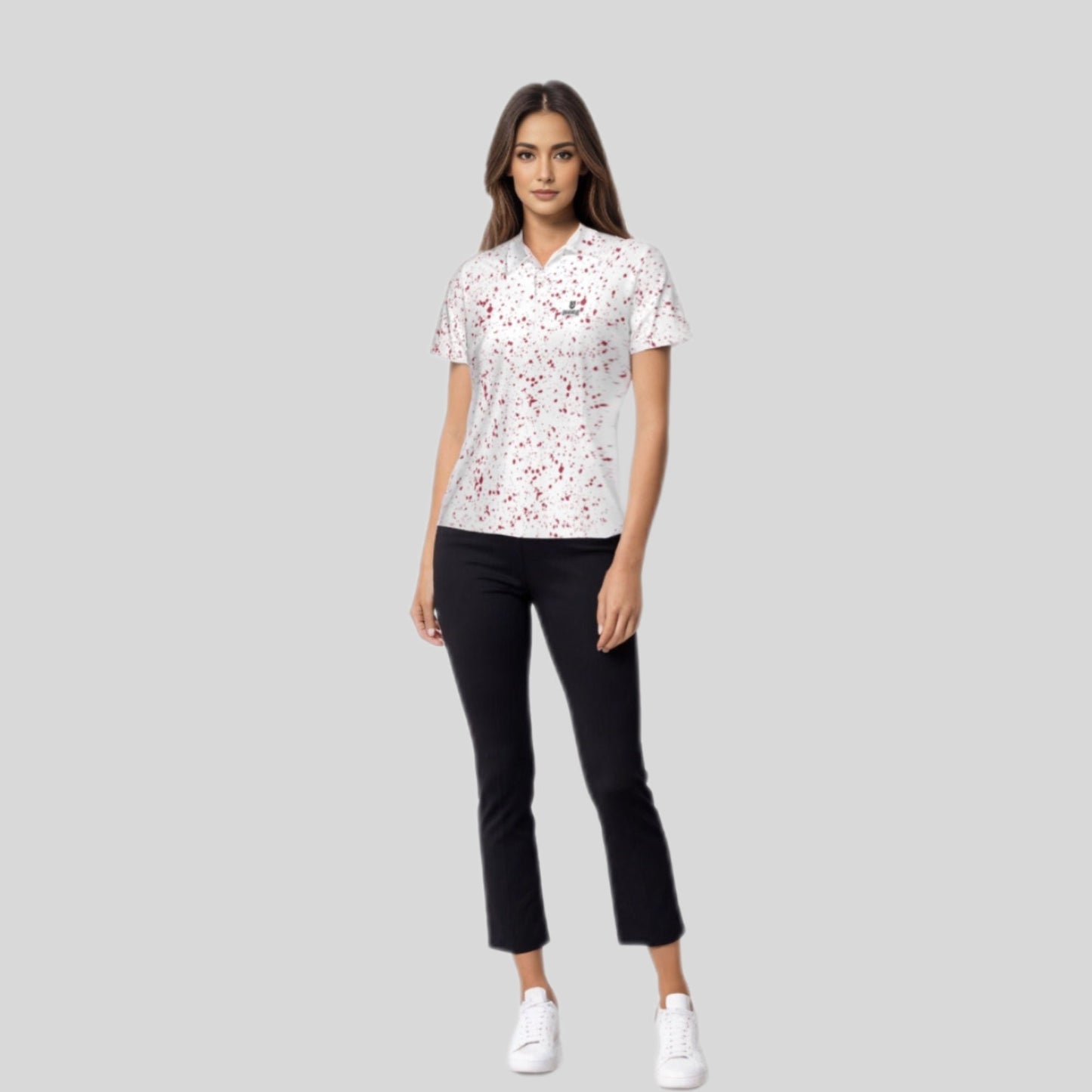 Crimson Paint Splatter golf polo shirt for women