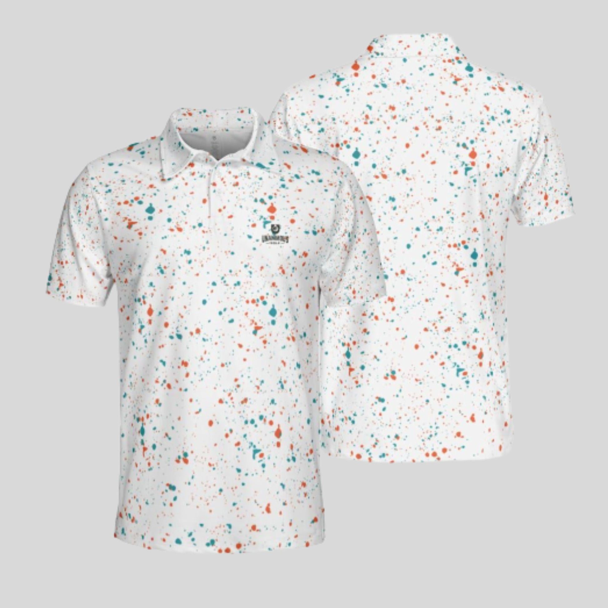 Aqua-orange paint splatter golf polo shirt for men