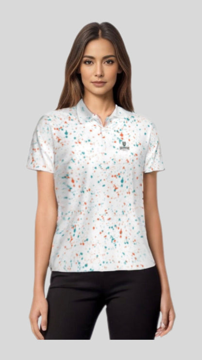 Aqua-orange paint splatter golf polo shirt for women