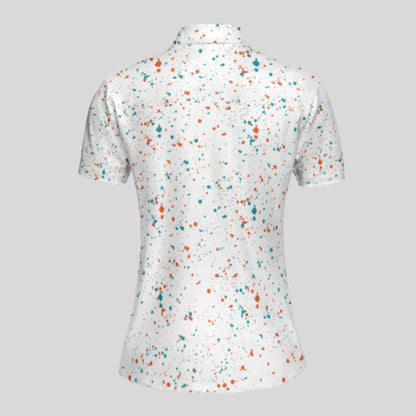 Aqua-orange paint splatter golf polo shirt for women