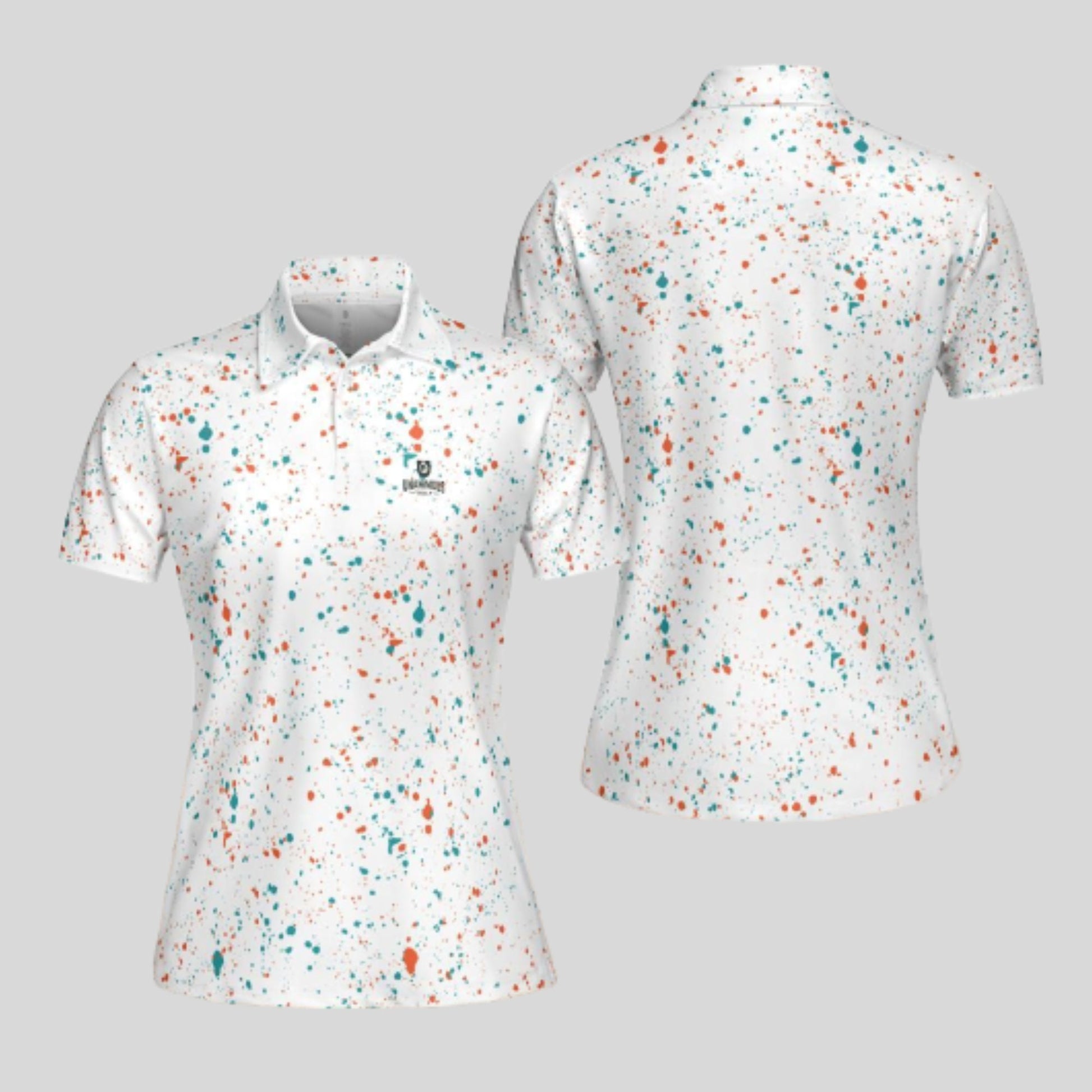 Aqua-orange paint splatter golf polo shirt for women