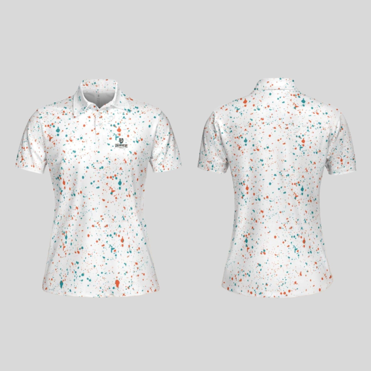 Aqua-orange paint splatter golf polo shirt for women