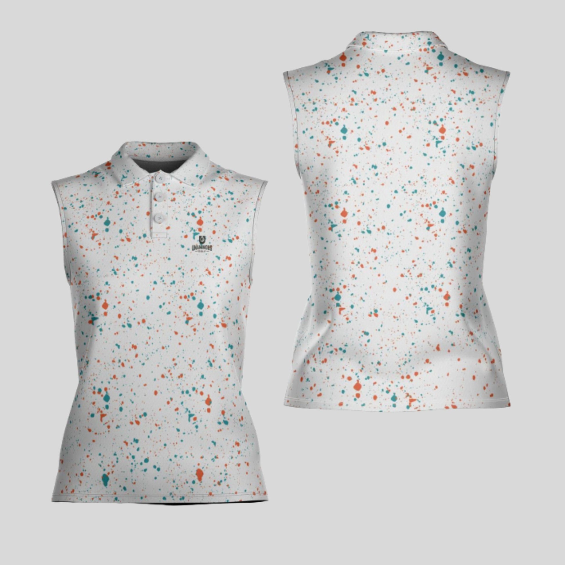 Aqua-orange paint splatter sleeveless female golf polo shirt