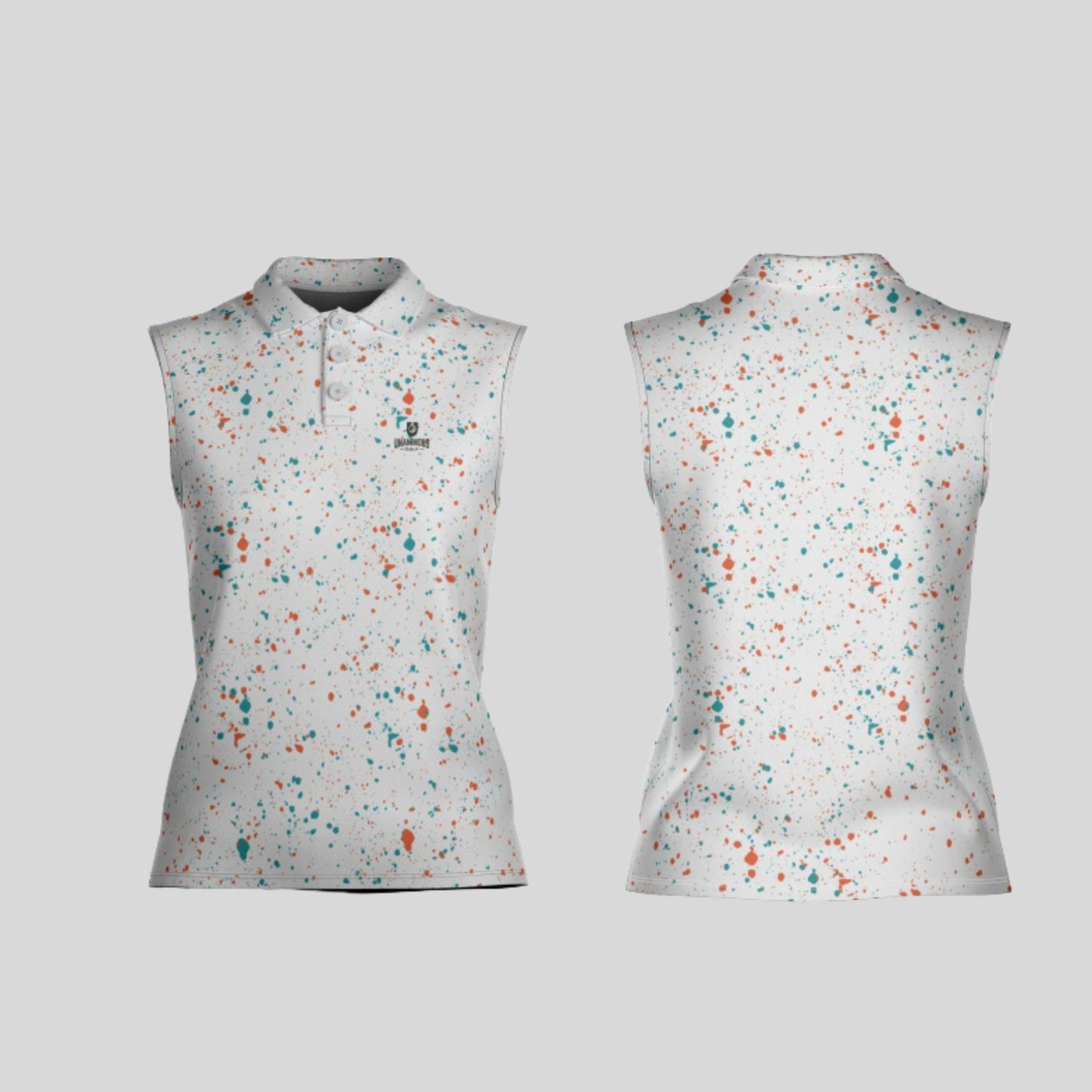 Aqua-orange paint splatter sleeveless female golf polo shirt