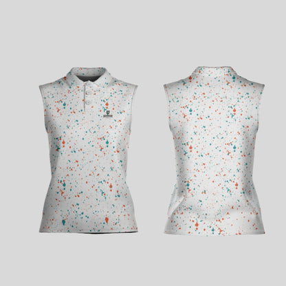 Aqua-orange paint splatter sleeveless female golf polo shirt