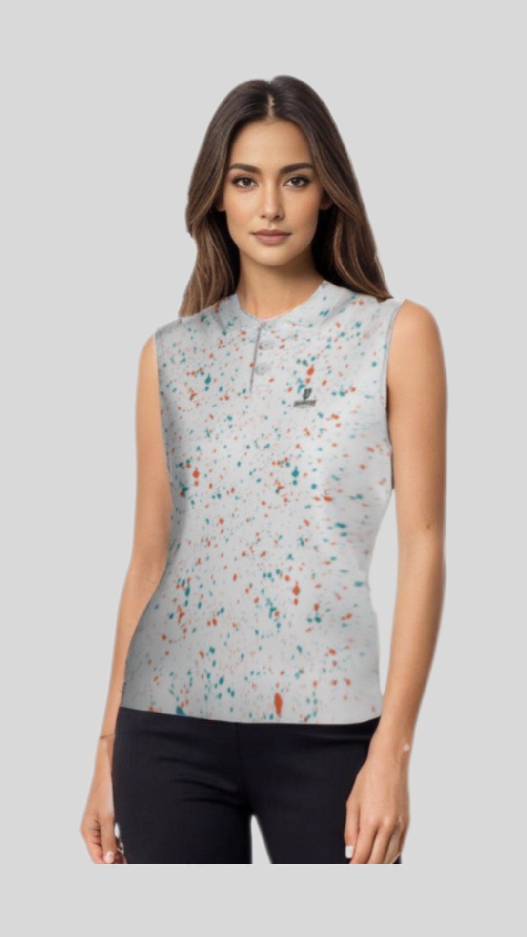 Aqua-orange paint splatter sleeveless female golf polo shirt