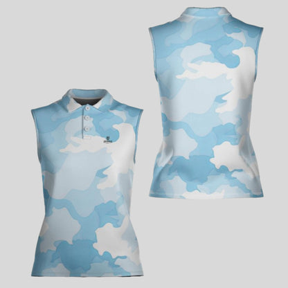 Blue Camo Sleeveless Golf Polo Shirt For Women