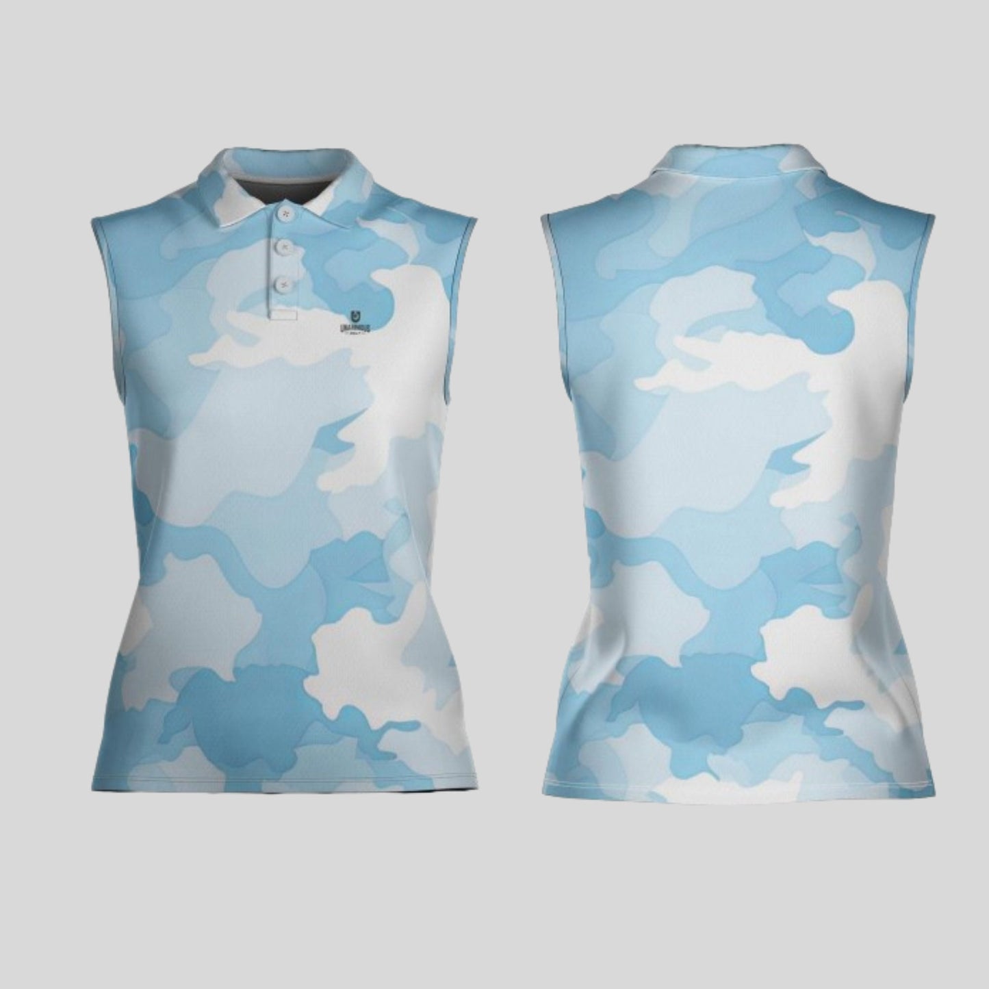 Blue Camo Sleeveless Golf Polo Shirt For Women