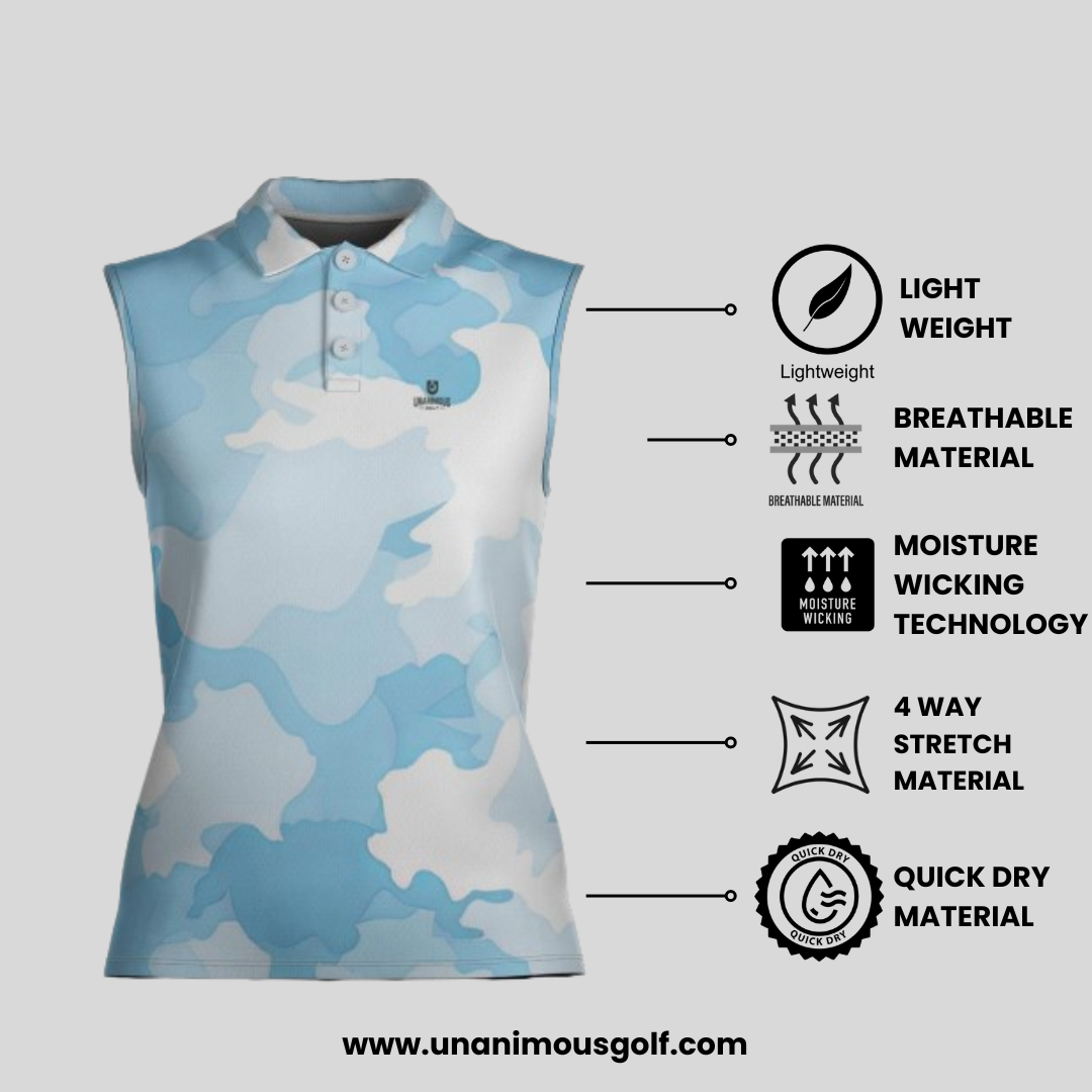 Blue Camo Sleeveless Golf Polo Shirt For Women