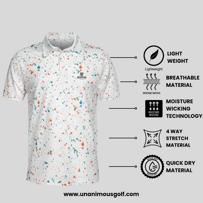 Aqua-orange paint splatter golf polo shirt for men