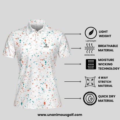 Aqua-orange paint splatter golf polo shirt for women