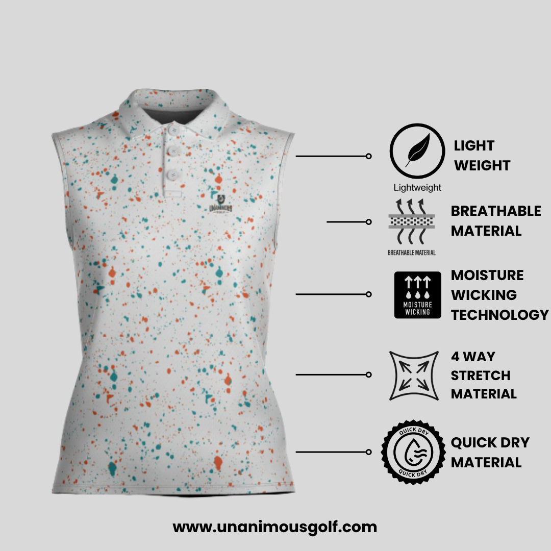 Aqua-orange paint splatter sleeveless female golf polo shirt