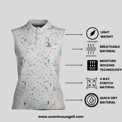 Aqua-orange paint splatter sleeveless female golf polo shirt