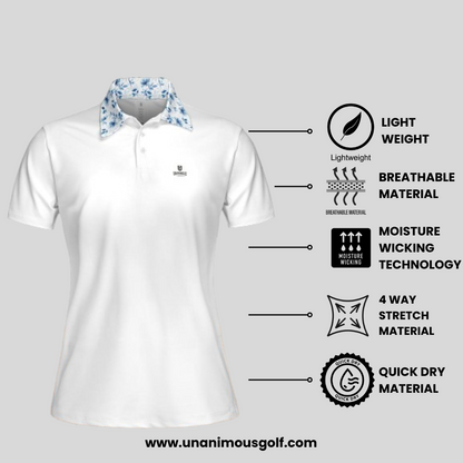 Blue Flower White Golf Polo For Women