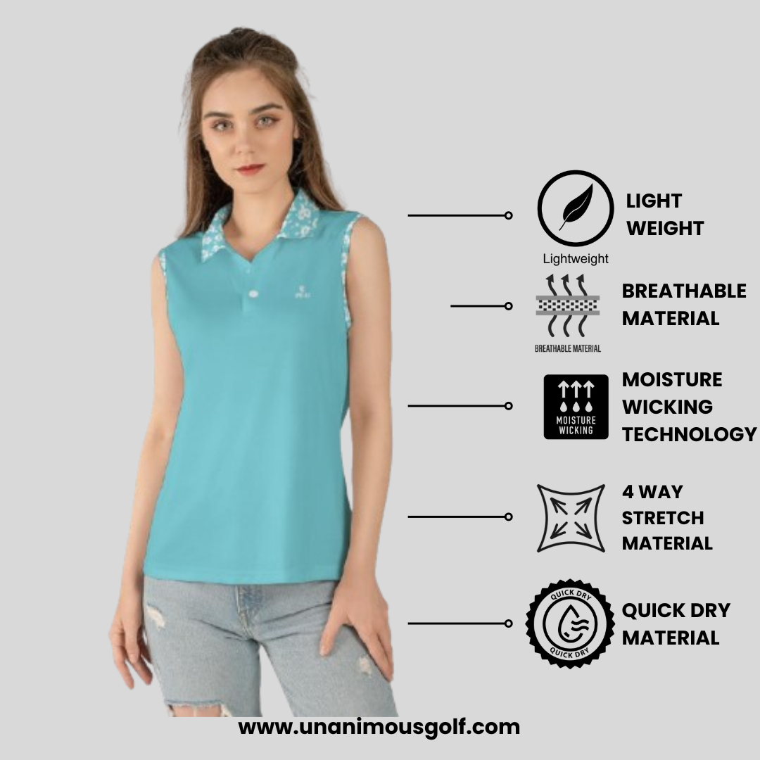 Hibiscus-Turquoise Sleeveless Golf Polo Shirt For Women